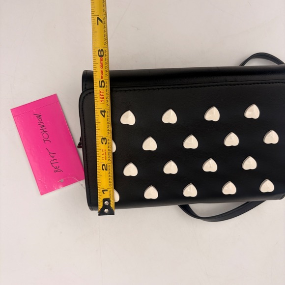 Betsey Johnson XOSYBIL Black Faux Leather Crossbody Bag White Heart Studs - Picture 8 of 11